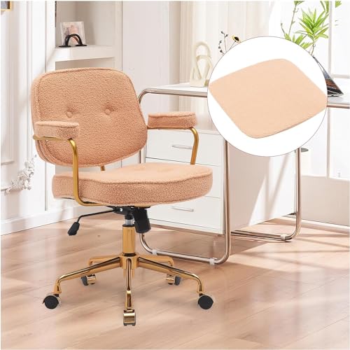 Camel Boucle Desk Chair with Wheels and Arms and Gold Metal Legs H361428