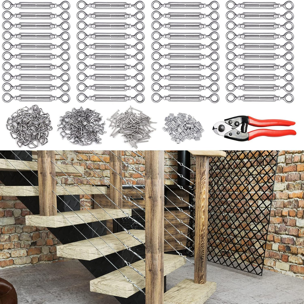 1/8 Cable Railing Kit Hardware Turnbuckle M5 Eye to Eye with 165Ft Wire Rope Stainless Steel Angle Adjustable 10 Cable Lines S62889