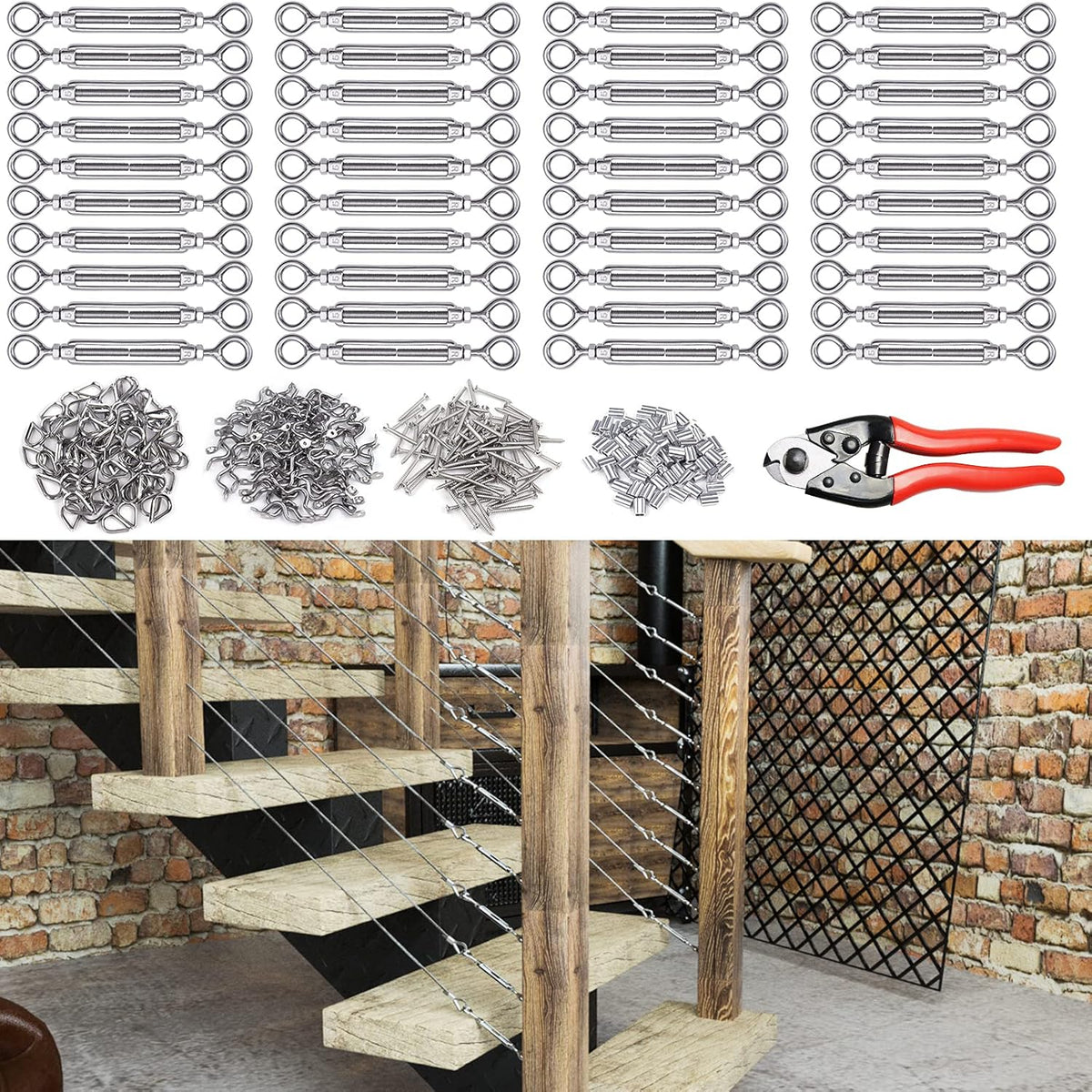 1/8 Cable Railing Kit Hardware Turnbuckle M5 Eye to Eye with 165Ft Wire Rope Stainless Steel Angle Adjustable 10 Cable Lines S62889