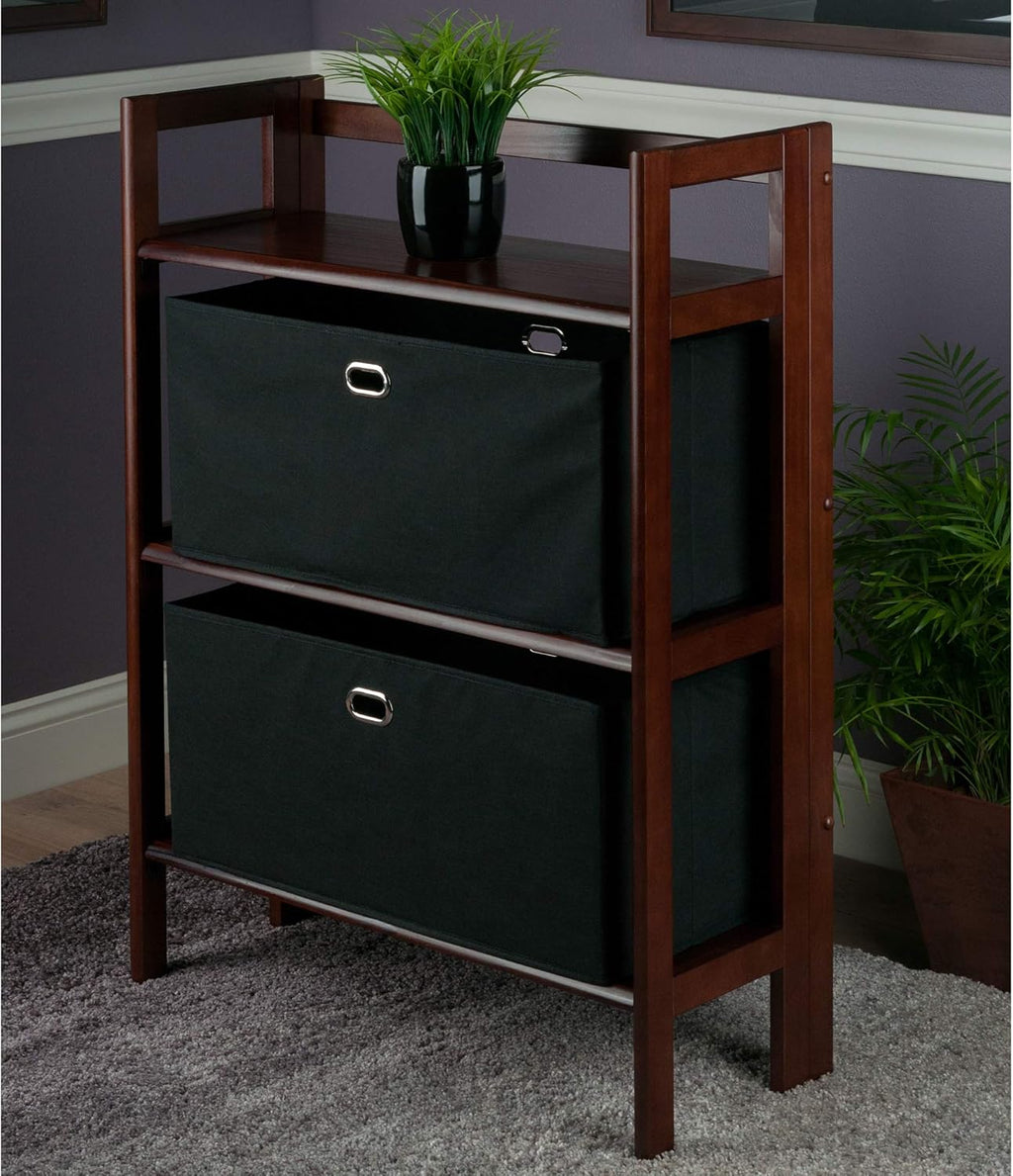 Antique Walnut/Black 3-PC Folding Bookcase with Fabric Basket Q734416