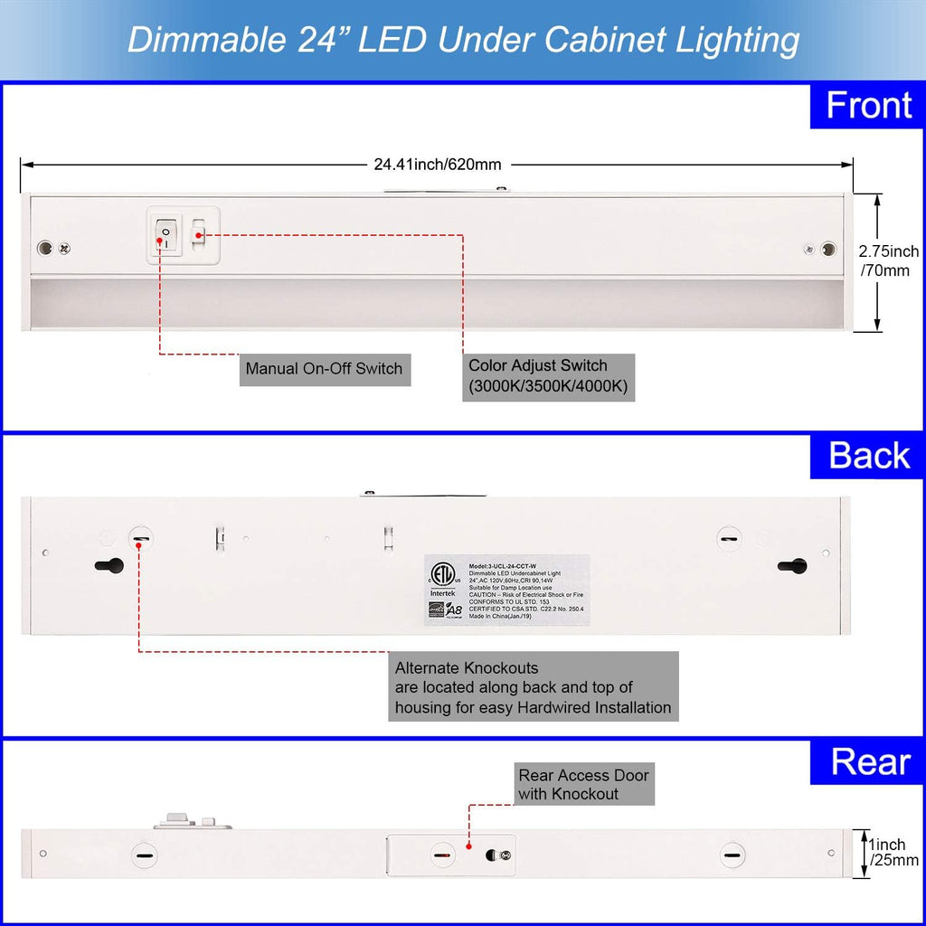 LED Under Cabinet Lighting Fixture, 24-inch 14W 985 Lumen, Dimmable, CRI 90, 3000K/3500K/4000K, Linkable, Hardwired or Plug-in, White Finish, Pack of 2 Z608355