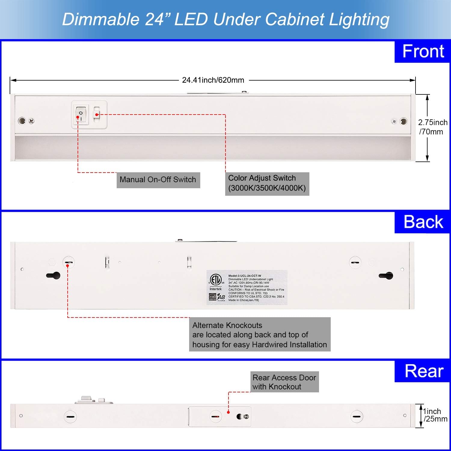 LED Under Cabinet Lighting Fixture, 24-inch 14W 985 Lumen, Dimmable, CRI 90, 3000K/3500K/4000K, Linkable, Hardwired or Plug-in, White Finish, Pack of 2 Z608355
