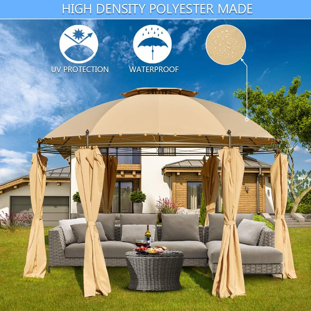 Beige Hexagonal Steel Frame Gazebo with Lift Shade Curtains A347