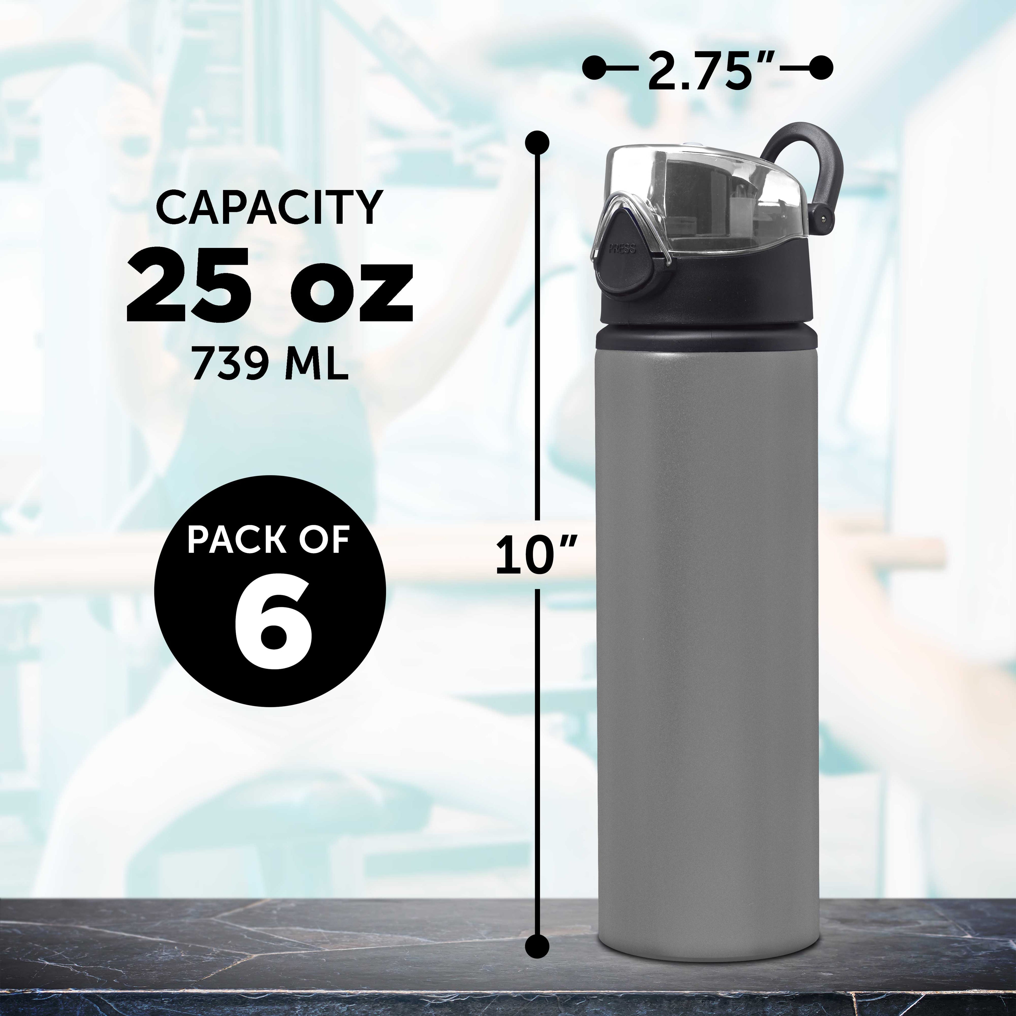 25 oz Aluminum Water Bottle 6 Pack with Carabiner L945