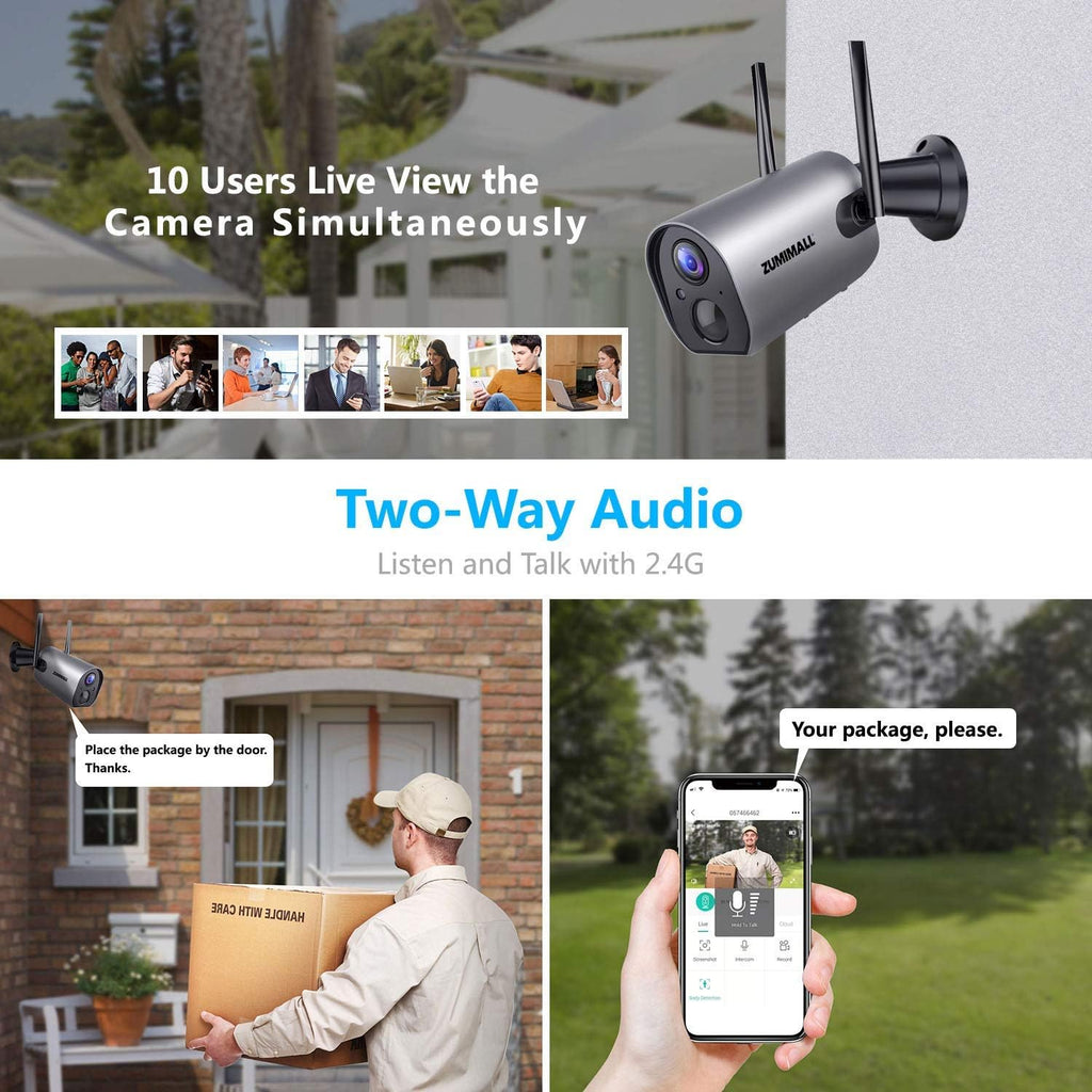 Wireless Outdoor WiFi Security Camera, Rechargeable Battery Powered, PIR Motion Detection, Two Way Audio, Night Vision, Waterproof, 2PCS F430604