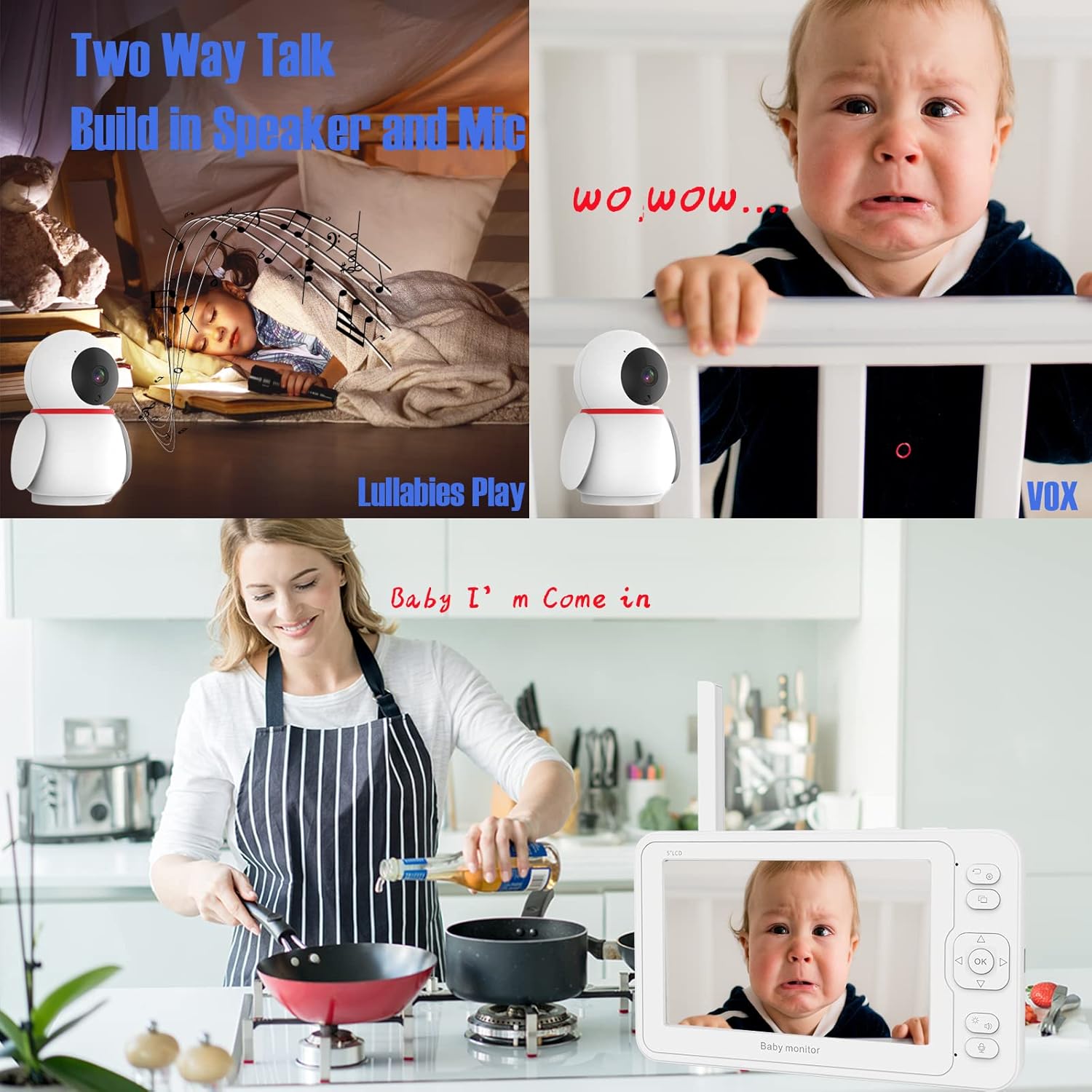 Baby Monitor with Camera and Audio, 5 HD Monitors, No WiFi/App, Night Vision, Sound and Temperature Detection, Twist Mount L239