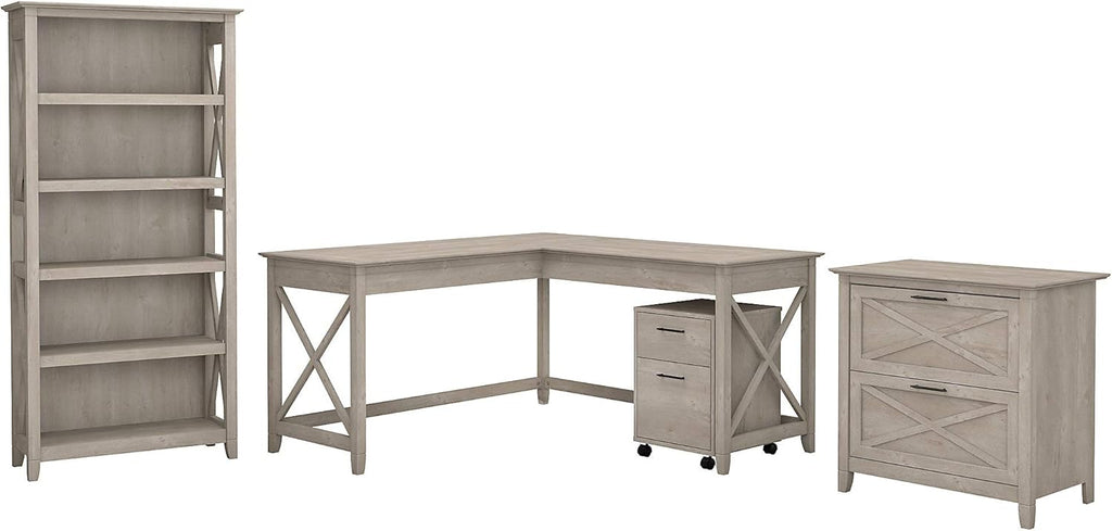 60W L Shaped Desk with File Cabinets and 5 Shelf Bookcase, Bing Cherry A580
