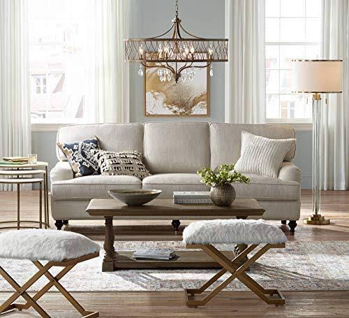 Modern Floor Lamp Steel Crystal Glass Column Linen Drum Shade E89631