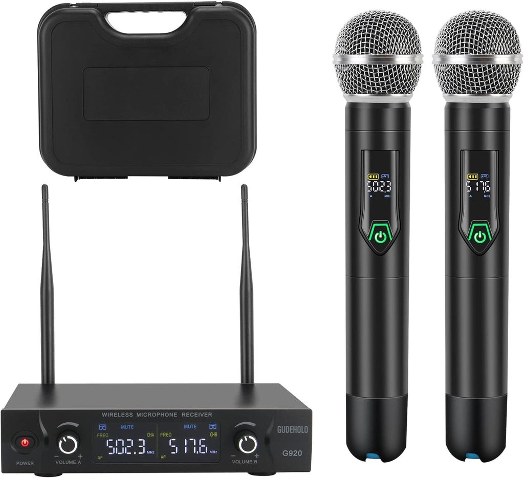 Wireless Microphone System, Metal UHF Dual Handheld 20 Channels Cordless Mic System H340