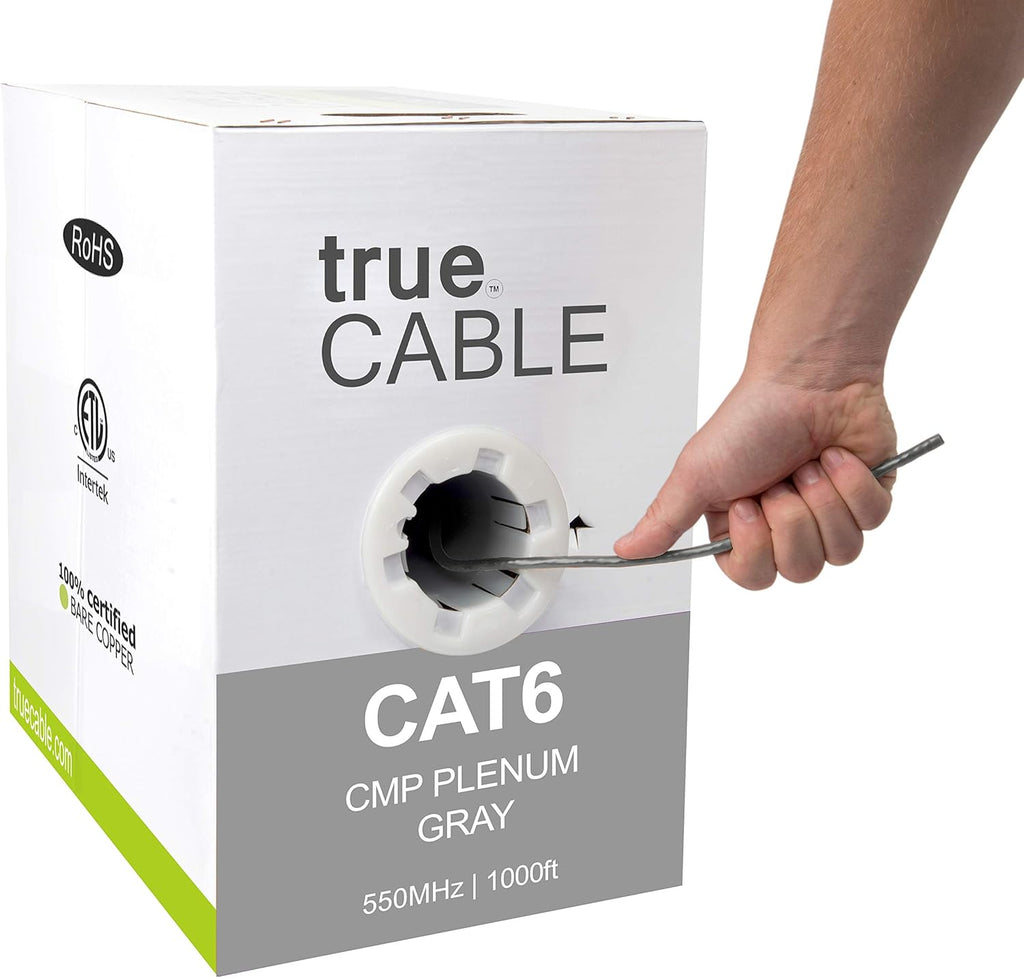 Cat6 Plenum 1000ft Black 23AWG 4 Pair Solid Bare Copper Bulk Ethernet Cable D772