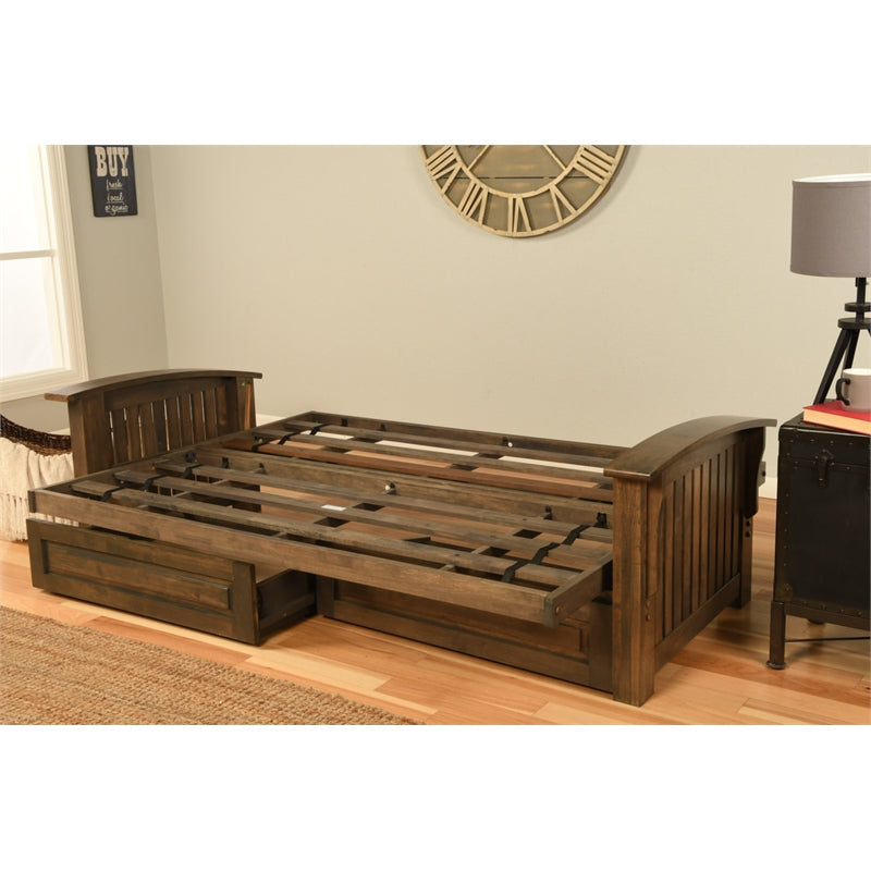Walnut Futon with Drawers and Suede Blue Mattress Q31071