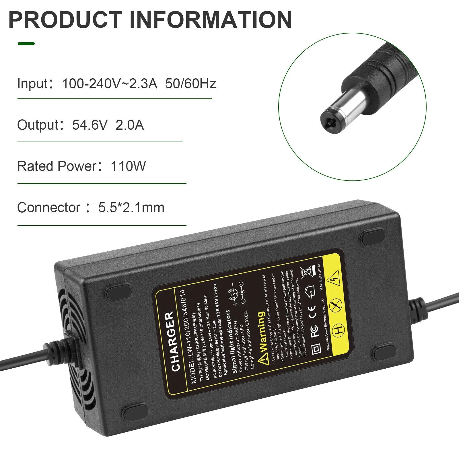 54.6V 2A Charger for 48V E-bike Li-ion Battery O3192