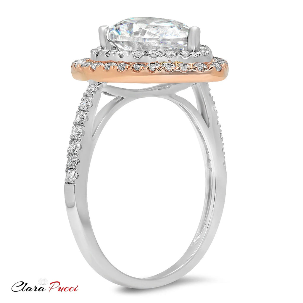 18K White/Rose Gold Halo Solitaire Ring with Accents B642