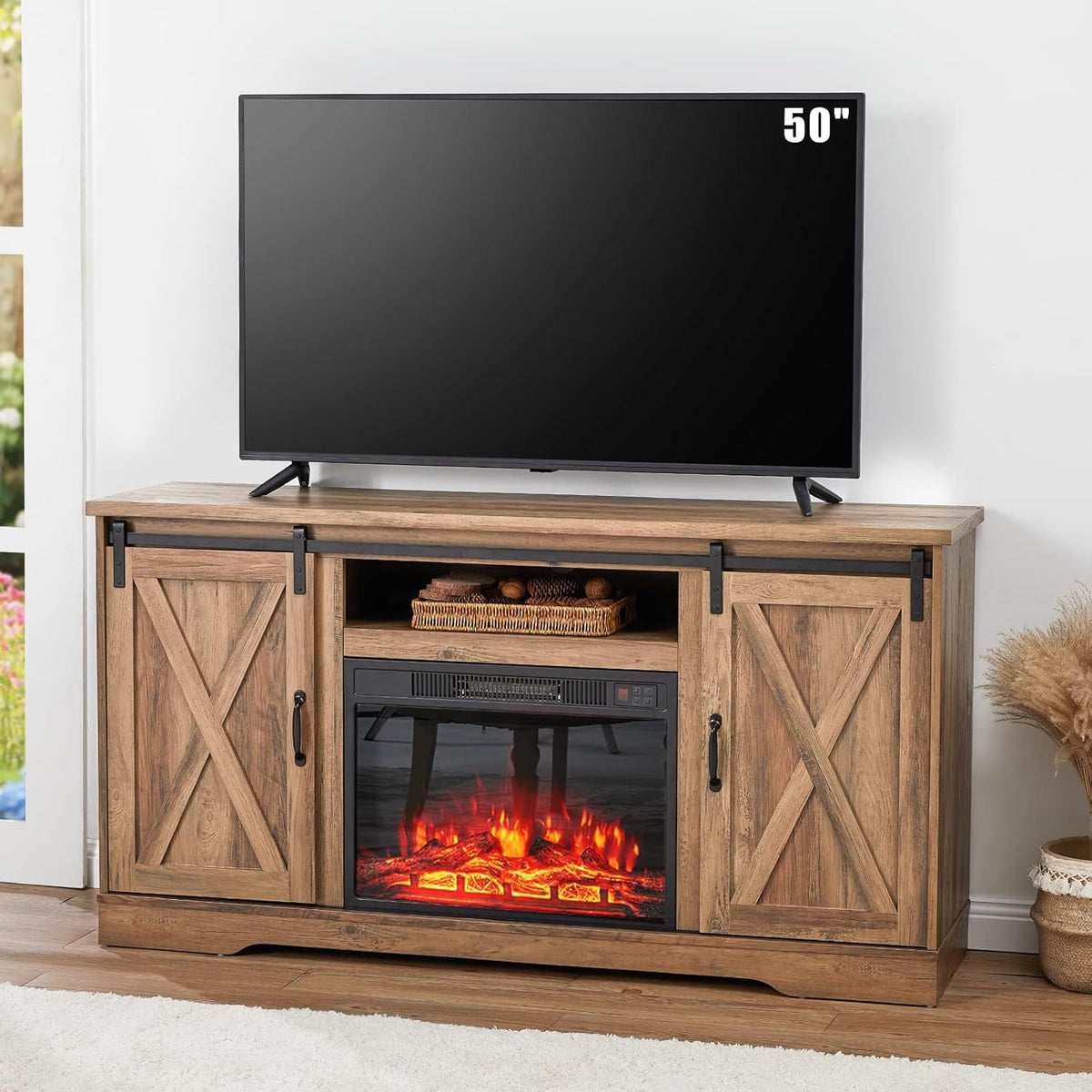 Distressed White Wood TV Stand with Sliding Barn Door O789359