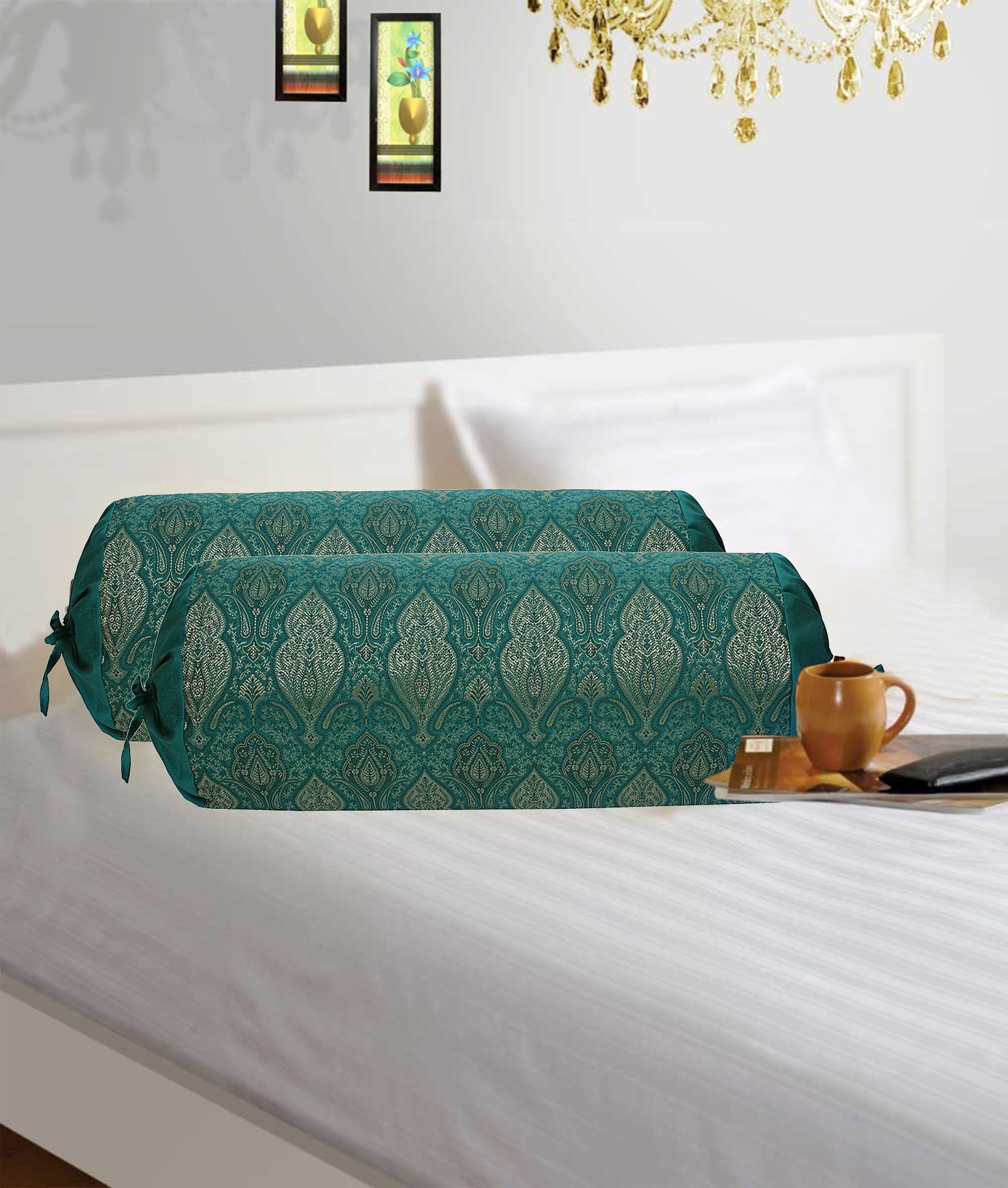 Emerald Green Silk Jacquard Bolster Pillow Covers Set of 2 Pcs Q437659