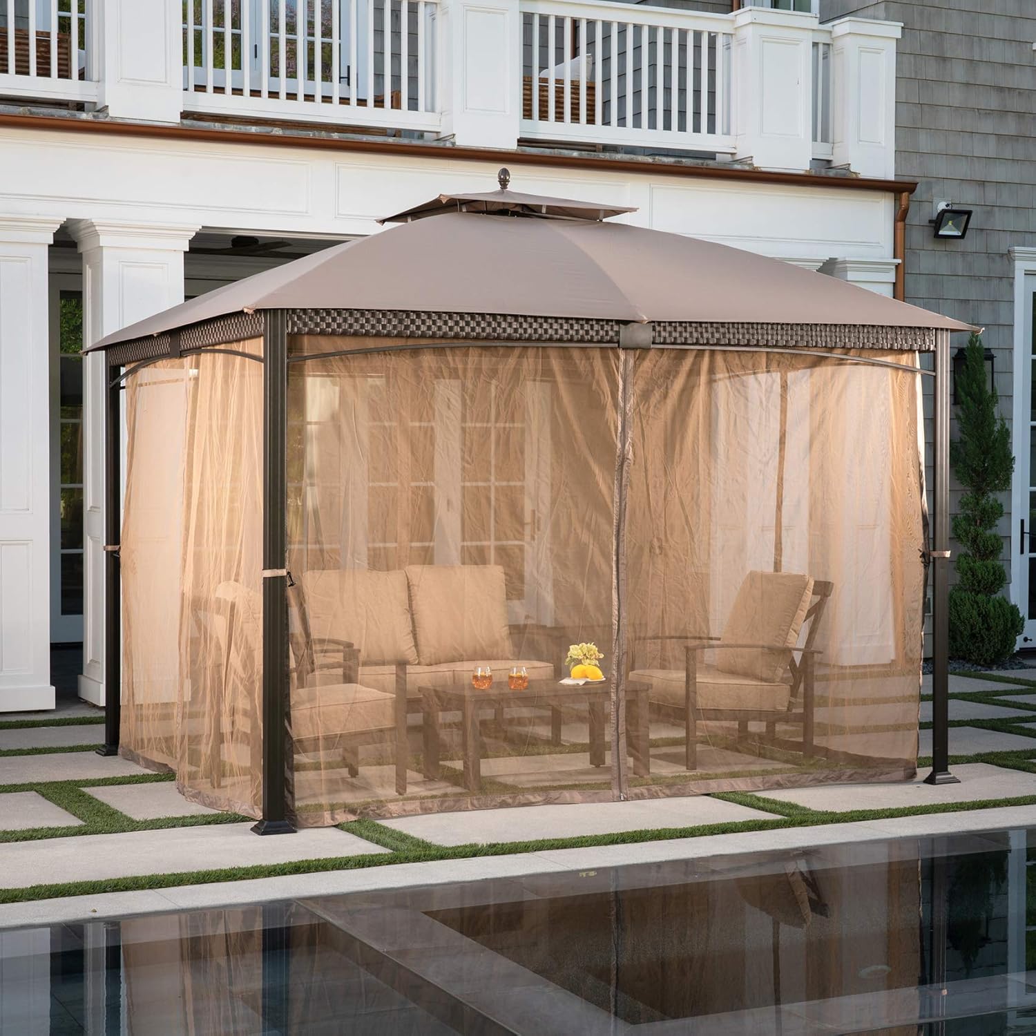 Tan Aluminum and Steel Gazebo with Mosquito Netting S23556