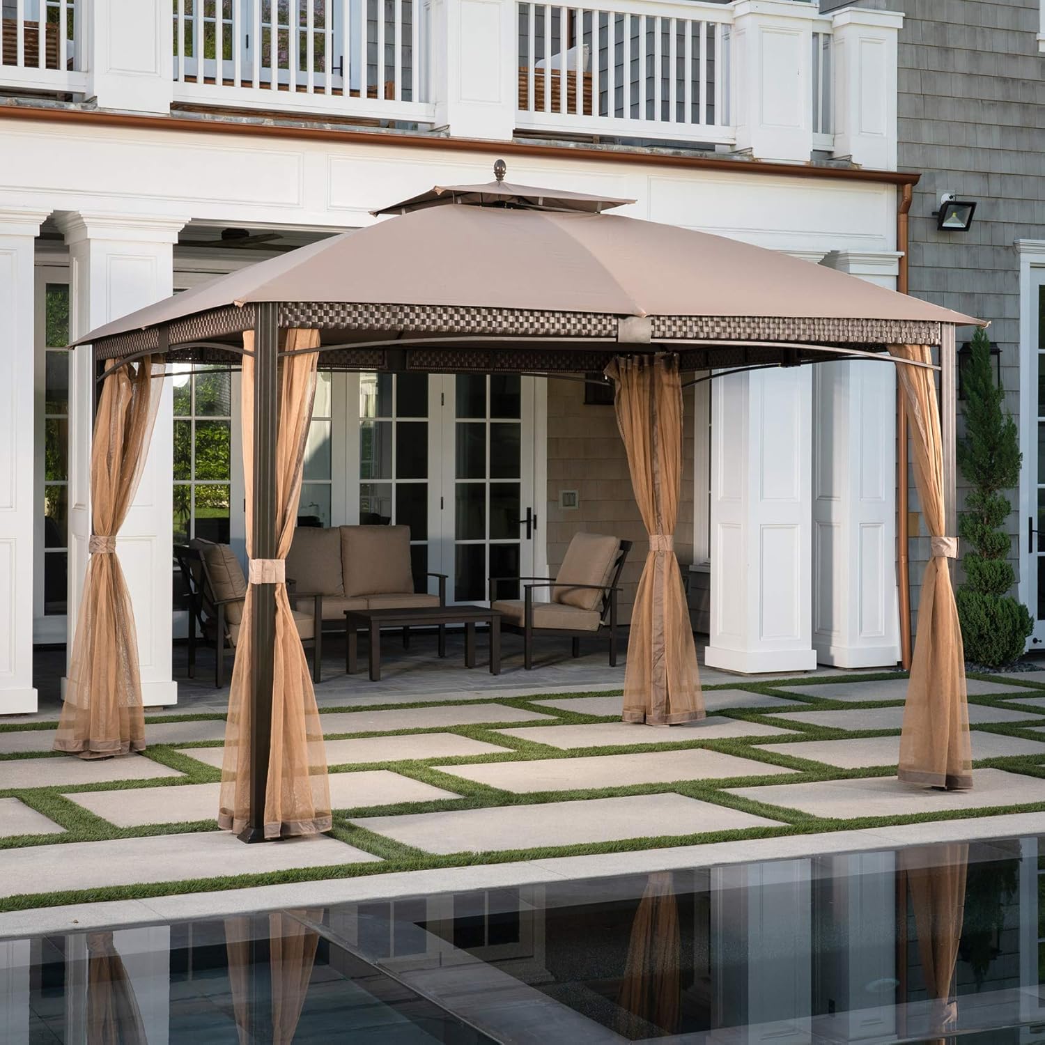 Tan Aluminum and Steel Gazebo with Mosquito Netting S23556
