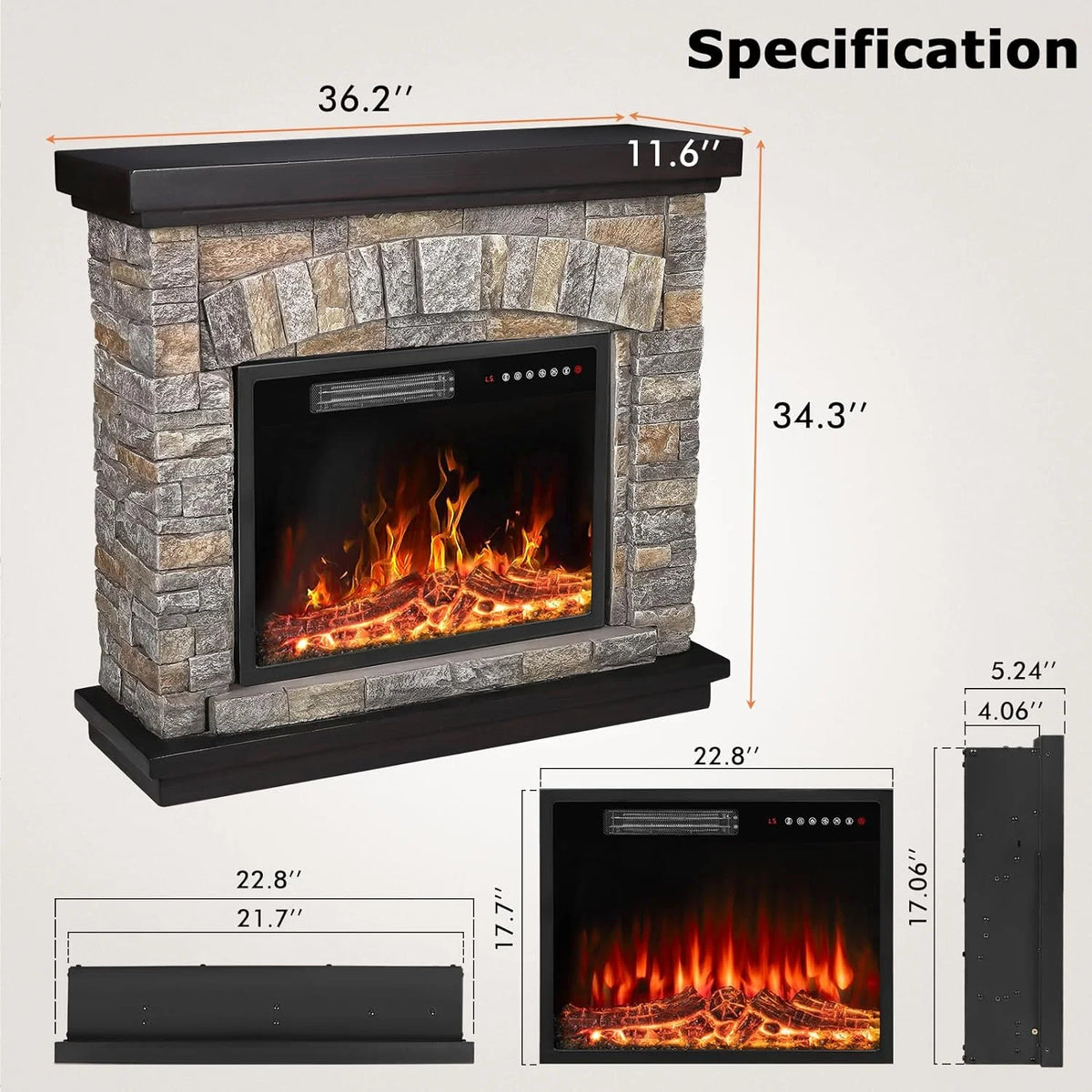 Electric Fireplace with Mantel, 36 inch Freestanding Stone Fireplace Heater TV Stand P170