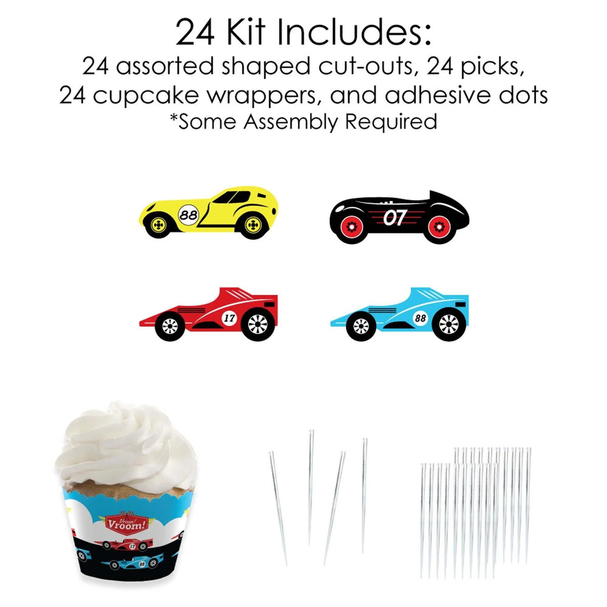 Racecar Cupcake Wrappers and Treat Picks Kit - Set of 24 Y4896