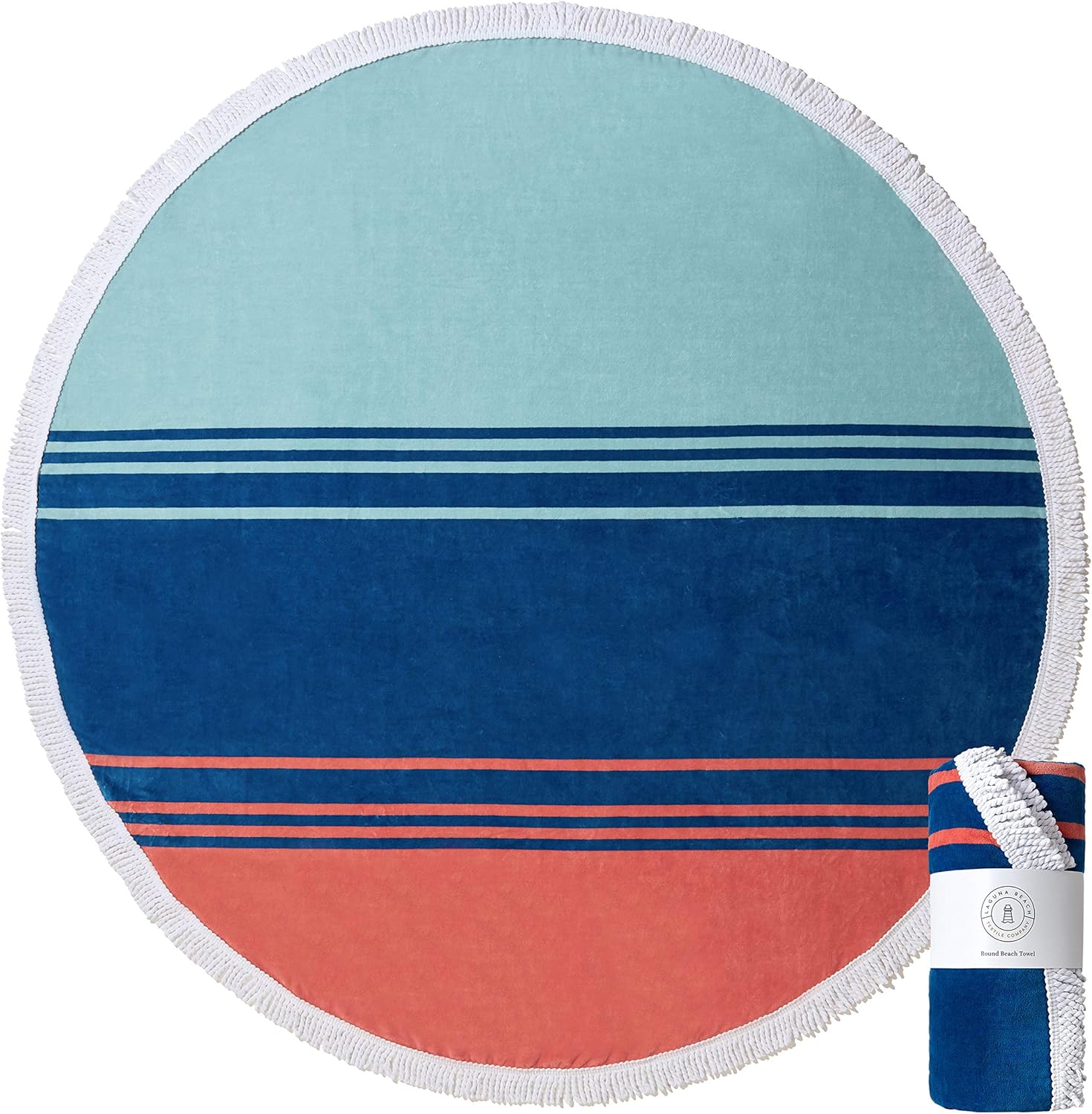Coral and Teal Round Cabana Beach Towel, 5 Foot Diameter, Woven Jacquard D906353