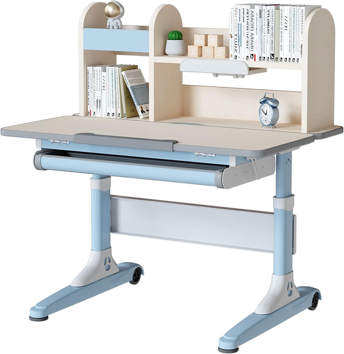 Pink Height Adjustable Ergonomic Kids Study Desk and Chair Set with Drawer and Bookshelf A1039