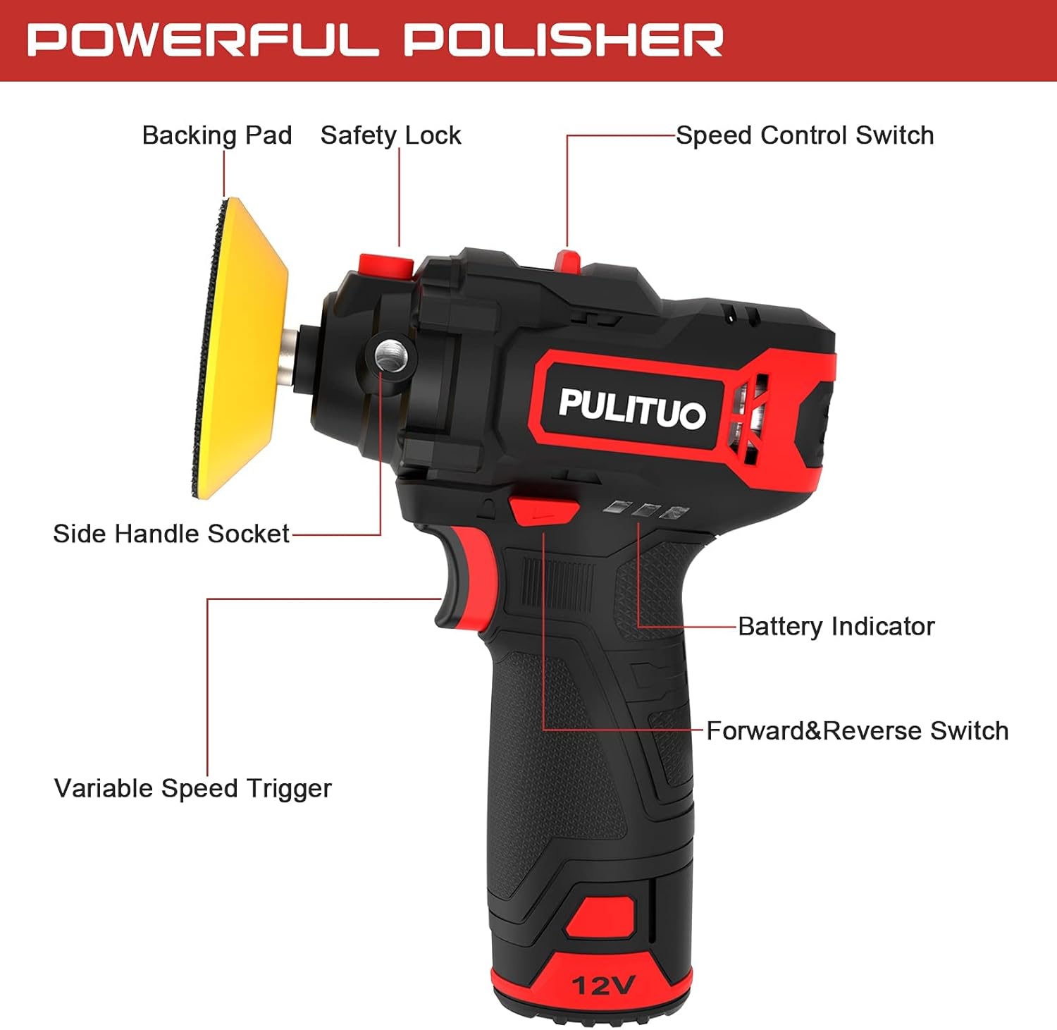 12V Cordless Car Buffer Polisher, 3 Inch, 2600-7800 RPM, 2.0Ah Battery, 8 Polishing Pads R99055