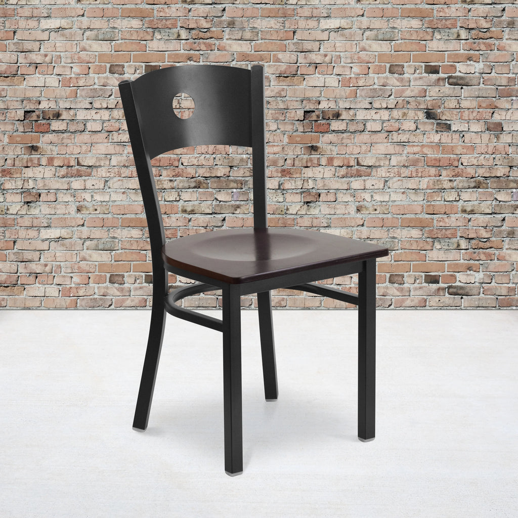 Black Circle Back Metal Restaurant Chair with Walnut Wood Seat T475460