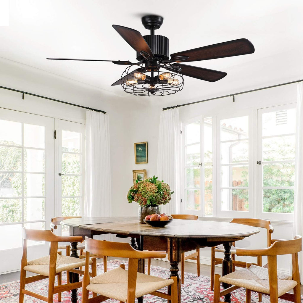 48 Retro Industrial Cage Ceiling Fan with Lights and Remote B374214