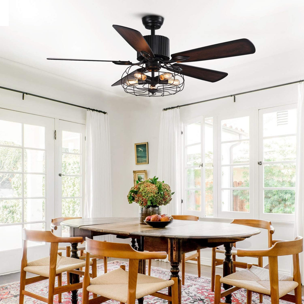 48 Retro Industrial Cage Ceiling Fan with Lights and Remote B374214