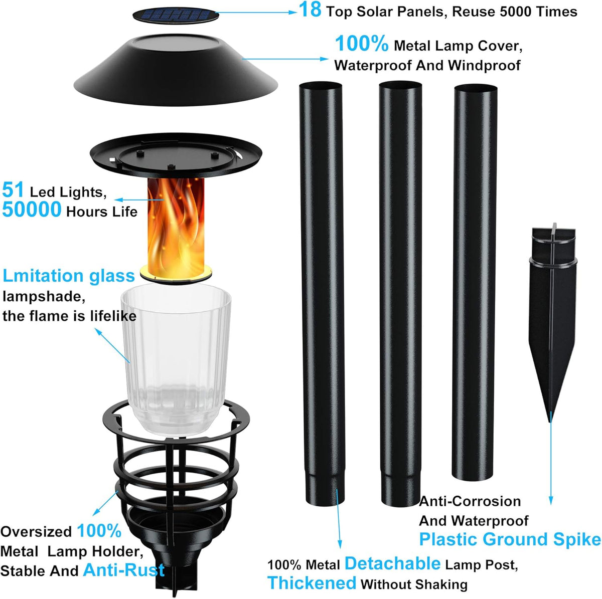 55 Tall Metal LED Solar Torch Lights, 2 Pack G4150