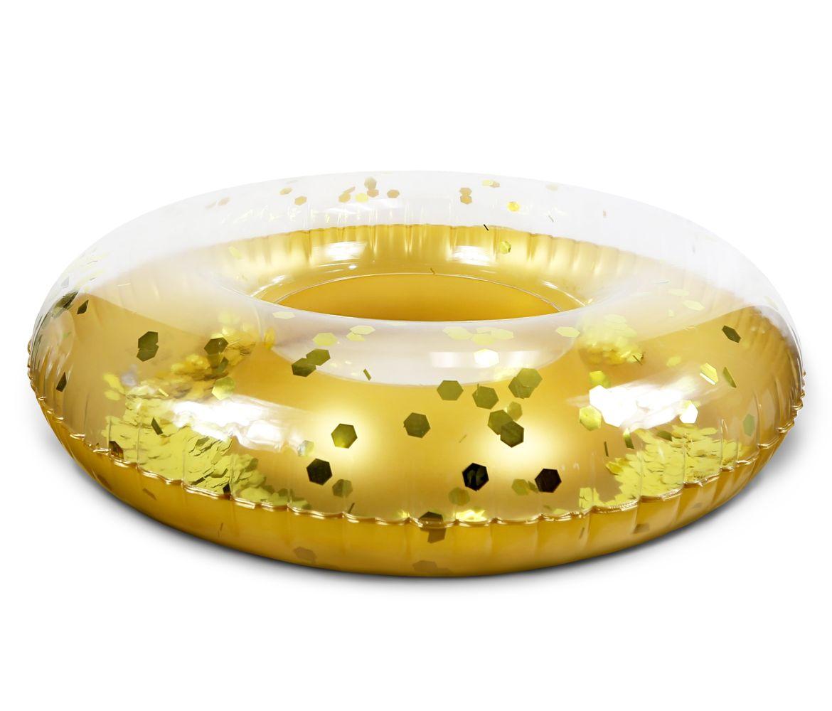 2 Inflatable Pool Swim Rings Rose Gold, Gold Confetti AND 2 Beach Balls Vinyl Flotation Pool Toy (4 Items) S8485