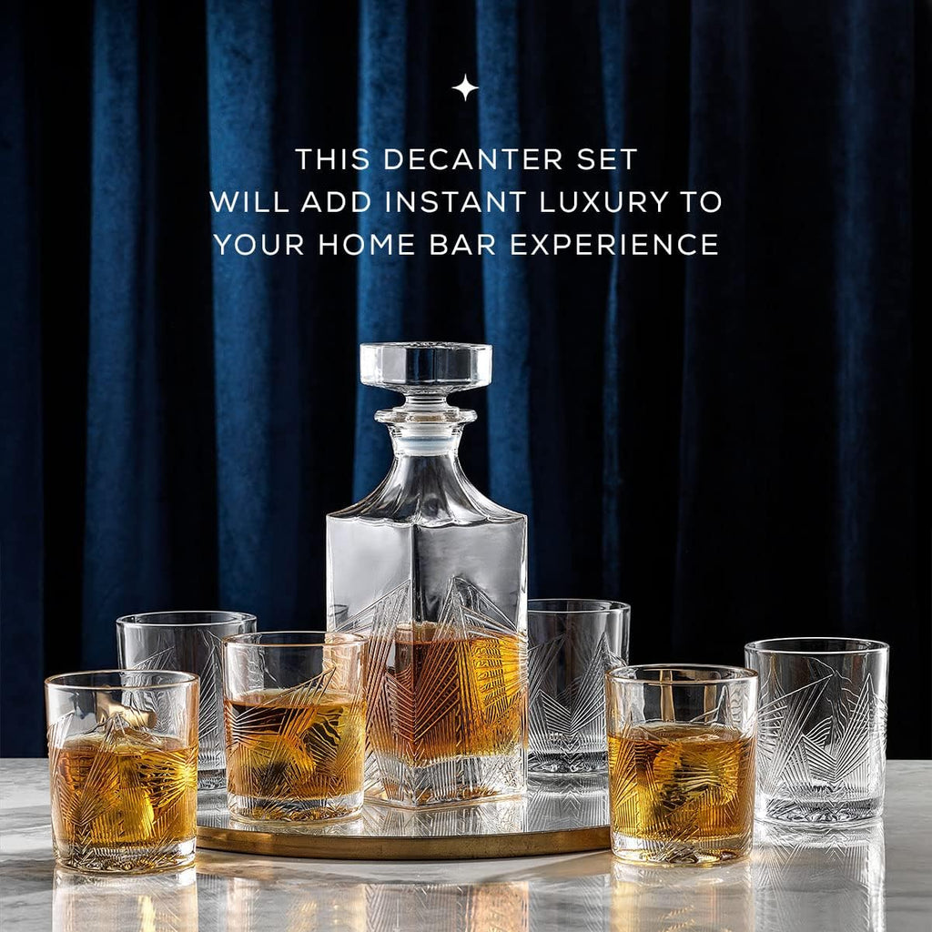 Whiskey Decanter and 6PC Glasses Set, 27 oz Airtight Glass Decanter, Set of 6 Old Fashioned Rocks Glasses V10066