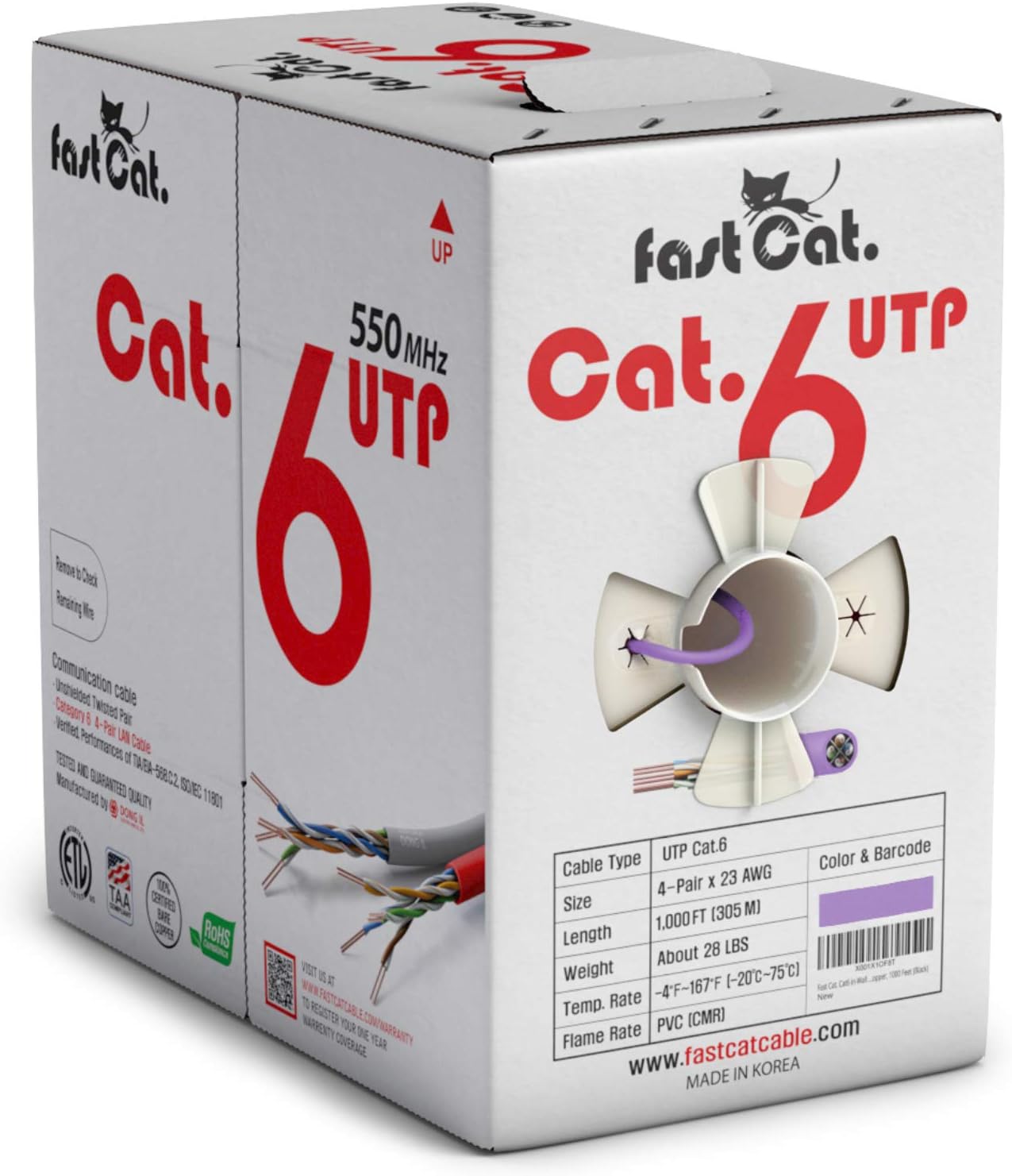 Cat6 Ethernet Cable 1000ft - 23 AWG, CMR, Solid Bare Copper UTP LAN Cable (Purple) G9599