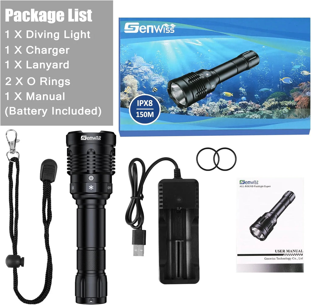 Rechargeable Underwater Dive Flashlight with Battery and Charger F45090