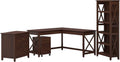 60W L Shaped Desk with File Cabinets and 5 Shelf Bookcase, Bing Cherry A580