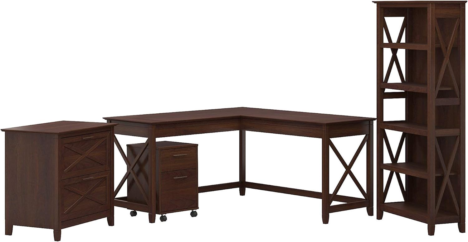 60W L Shaped Desk with File Cabinets and 5 Shelf Bookcase, Bing Cherry A580