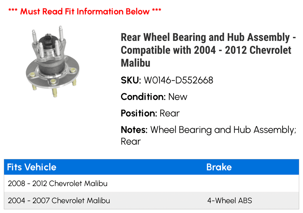 Rear Wheel Bearing and Hub Assembly for Chevy Malibu I9829