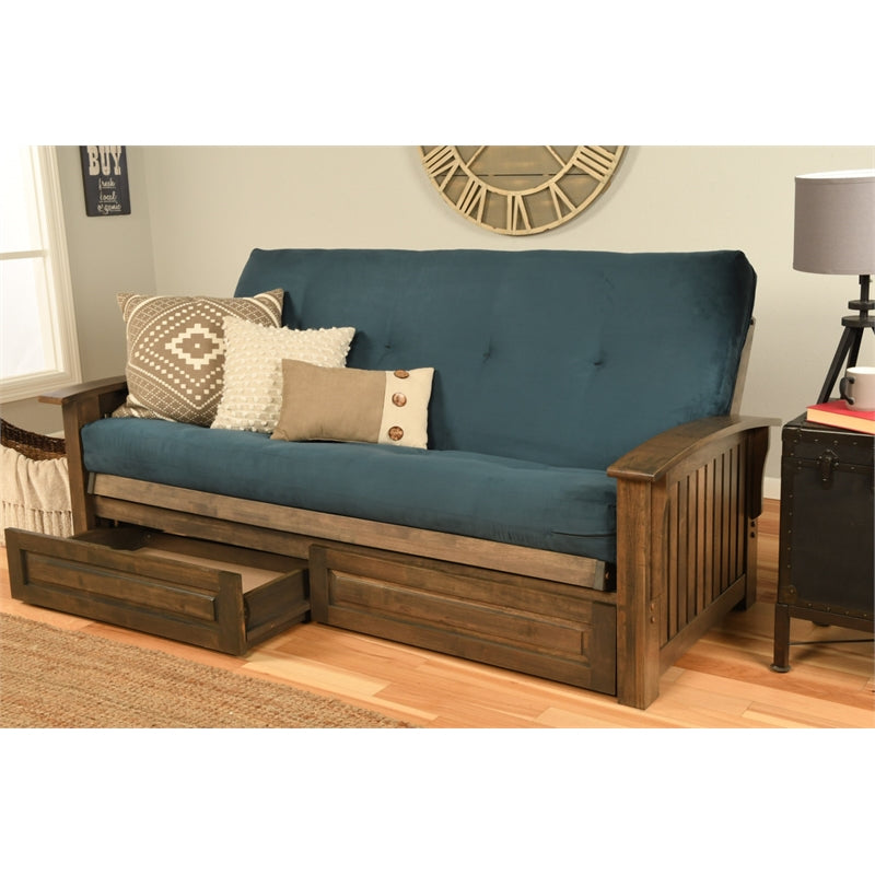 Walnut Futon with Drawers and Suede Blue Mattress Q31071