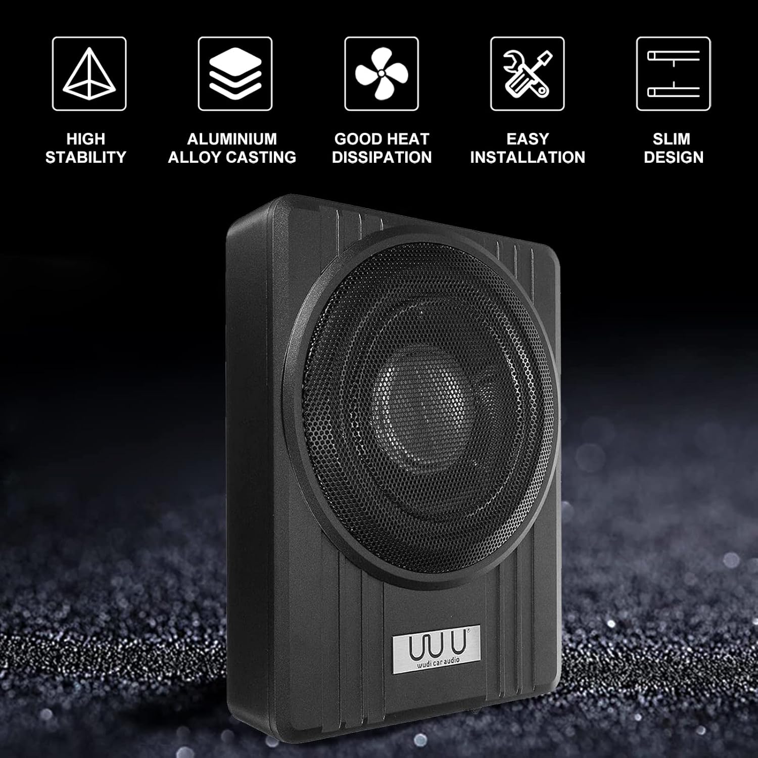 Under Seat Car Active Sub Woofer Black Slim Aluminium Alloy Speaker 12V 600W V92339