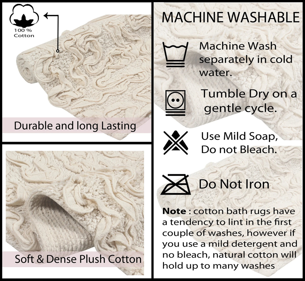 100% Cotton Tufted Bath Rugs, 4 Piece Set with Runner, Ivory E80687