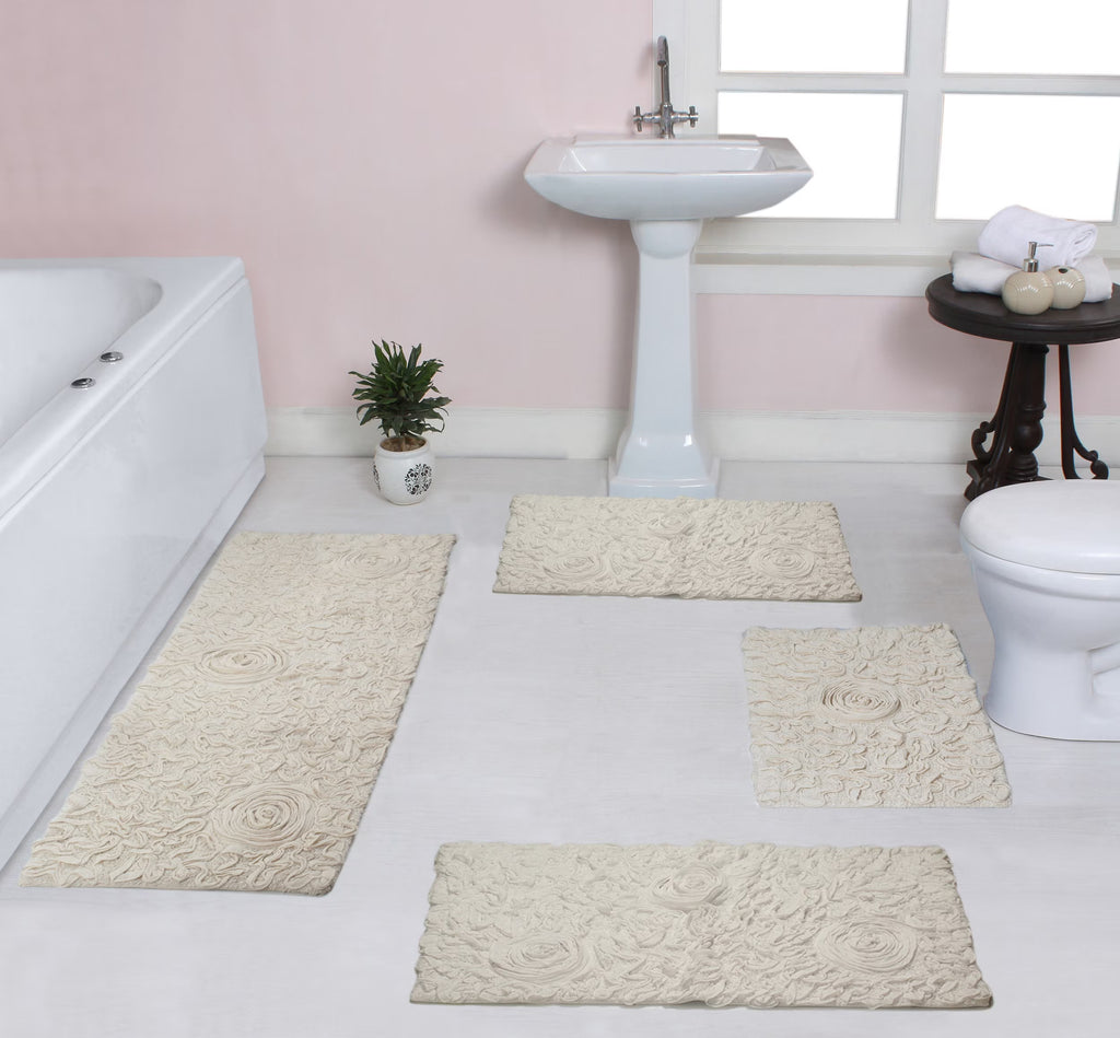 100% Cotton Tufted Bath Rugs, 4 Piece Set with Runner, Ivory E80687