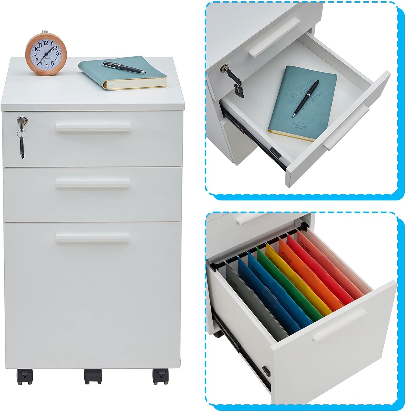 White 3-Drawer Filing Cabinet with Lock A147