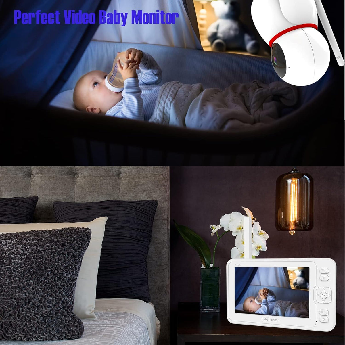 Baby Monitor with Camera and Audio, 5 HD Monitors, No WiFi/App, Night Vision, Sound and Temperature Detection, Twist Mount L239