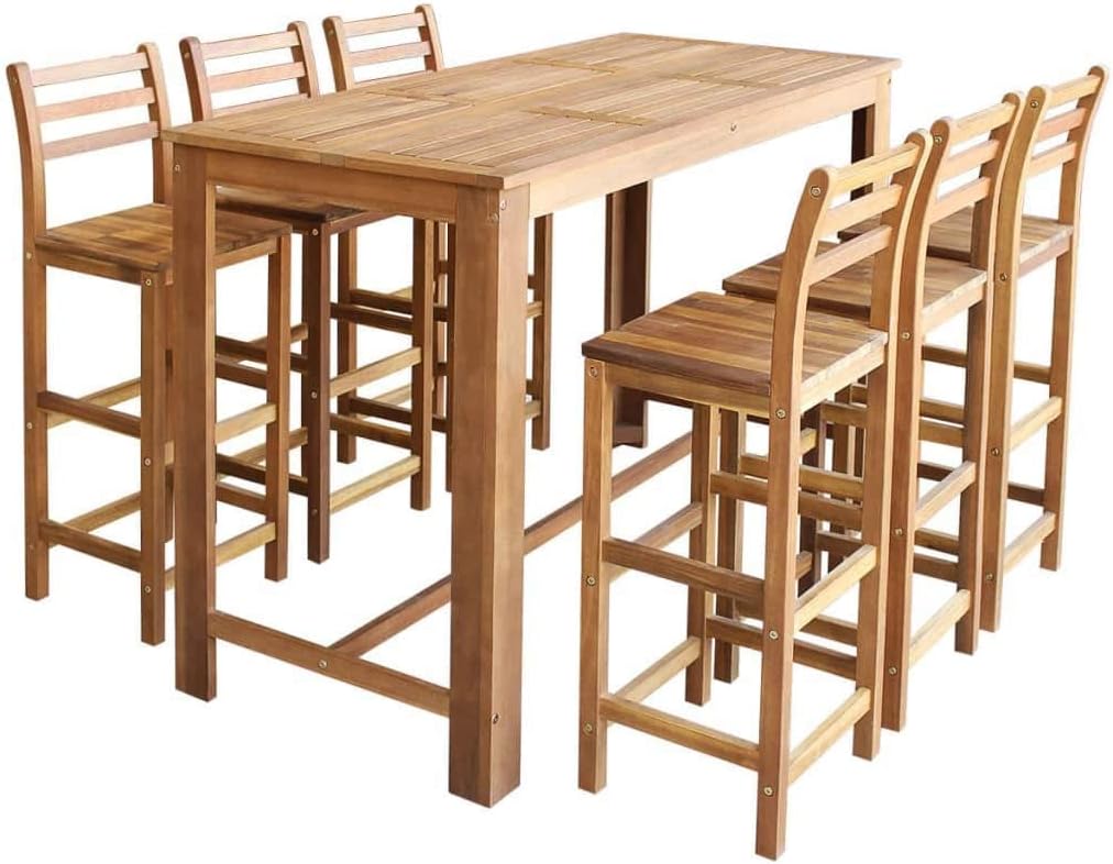 7 Piece Solid Acacia Wood Bar Table and Chair Set A996