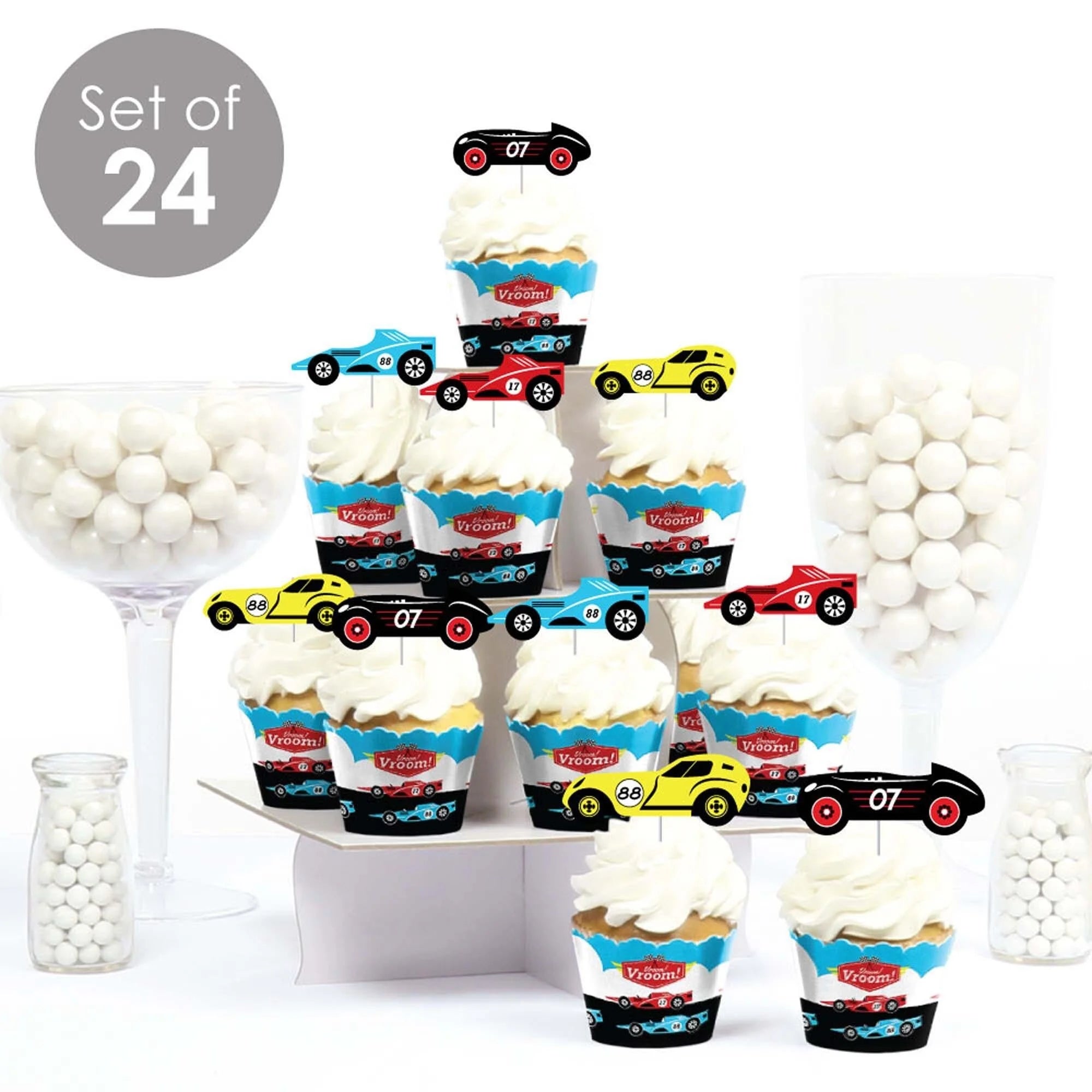 Racecar Cupcake Wrappers and Treat Picks Kit - Set of 24 Y4896