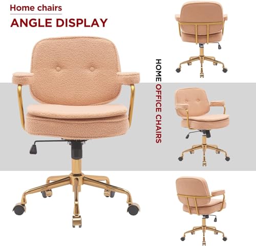 Camel Boucle Desk Chair with Wheels and Arms and Gold Metal Legs H361428