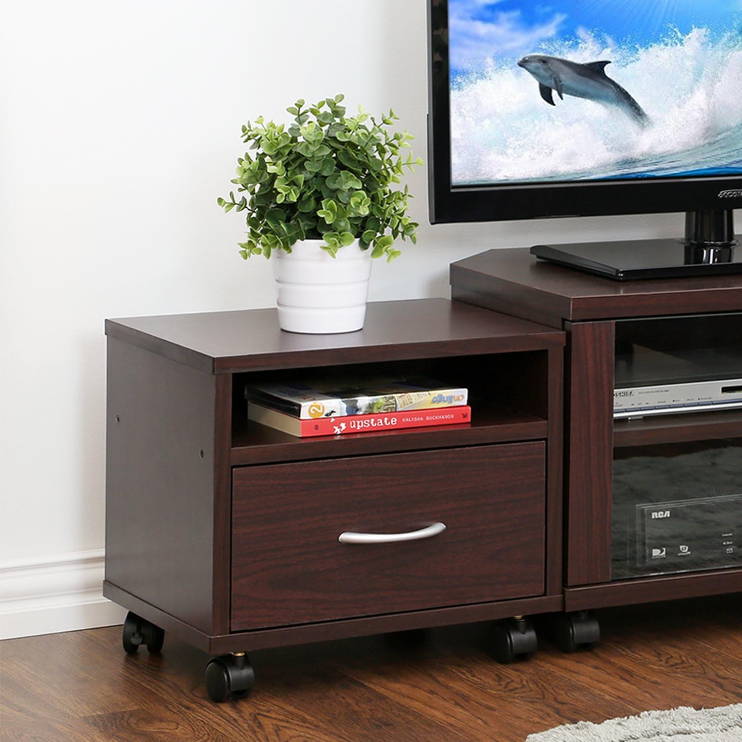 Espresso Under Desk Utility Cart with Casters V1870