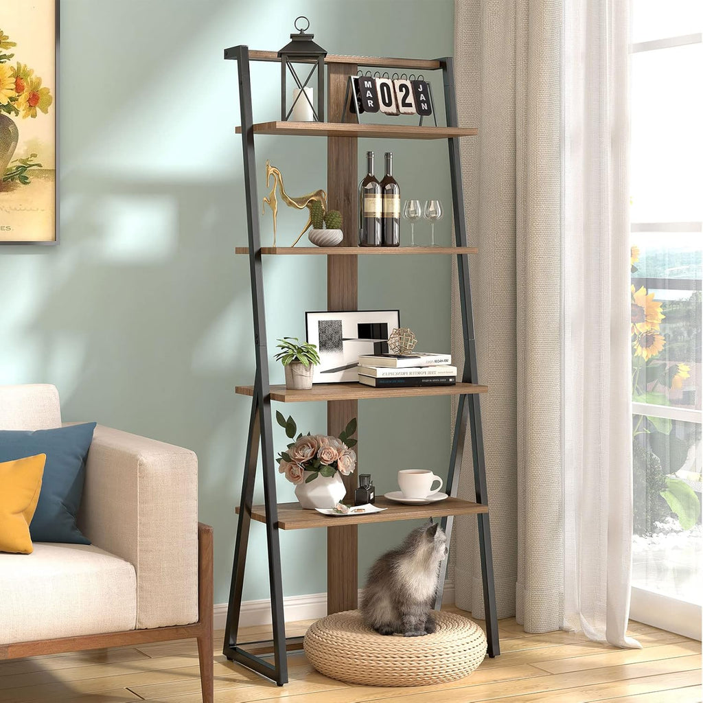 Rustic Brown 4 Tier Wood and Metal Leaning Bookcase P808627