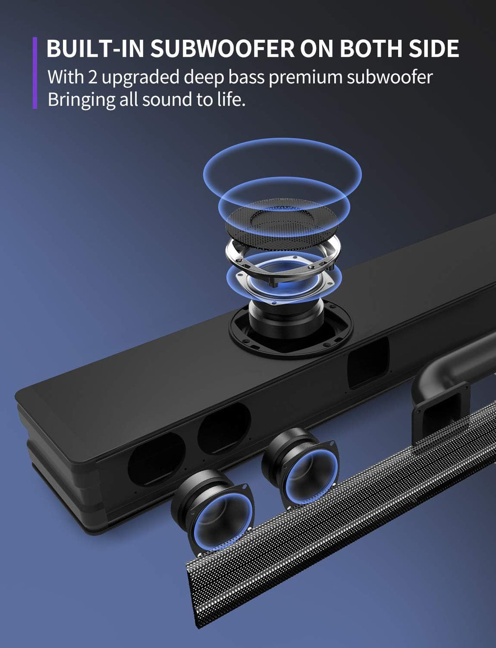 Sound Bar with Dual Built-in Subwoofer, 38 Inch 2.1, 90W, Bluetooth 5.0, Wall Mountable O2139