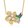 Cultured Pearl and Diamond Hummingbird and Flower Necklace With Enamel in 18kt Gold Over Sterling X73294